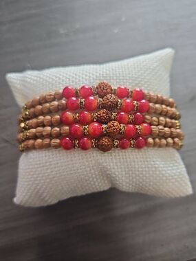 Boho Multi Strand Rudraksha Bead Bracelet Adjustable Red Wood Meditation Yoga